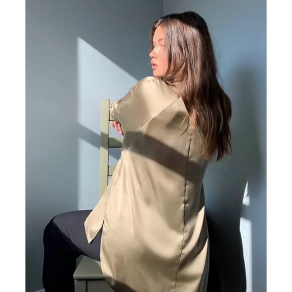 ARITZIA Wilfred 100% Cupro Collar Hi Low Button Up Long Sleeve Blouse Champagne - Picture 1 of 15